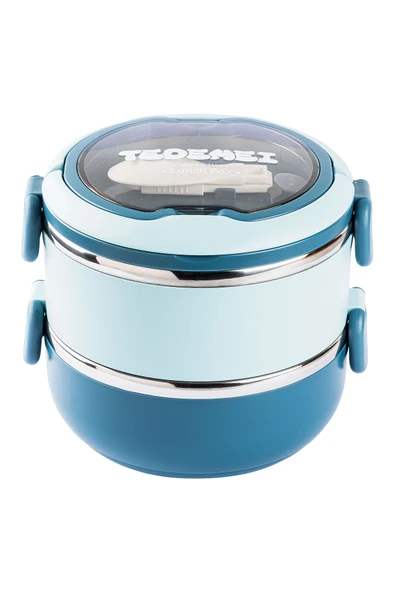 Tantitoni 024-01-TEDEMEI MAVİ PASLANMAZ ÇELİK YUVARLAK 2 KATLI ÇATAL VE KAŞIKLI YEMEK TAŞIMA KABI 850ML ürün görseli 1