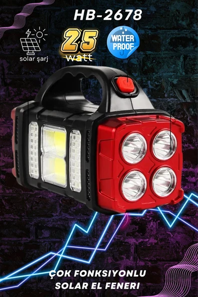 HB-2678 25W Solar Şarjlı El Feneri ve Kamp Lambası | Çift Renk Aydınlatma | IP44 Suya Dayanıklı ürün görseli 1