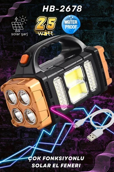 HB-2678 25W Solar Şarjlı El Feneri ve Kamp Lambası | Çift Renk Aydınlatma | IP44 Suya Dayanıklı - Resim 2