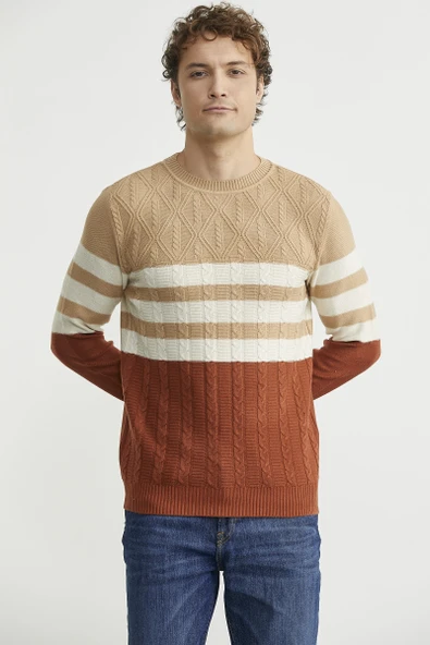 Blok Renk Geçişli Triko Kazak - Kiremit - Resim 3