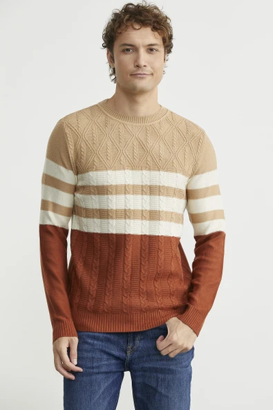 Blok Renk Geçişli Triko Kazak - Kiremit - Resim 4