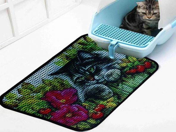 Giz Home Catsline Kedi Tuvalet Kum Paspası 40X60 Çiçekli Kedi