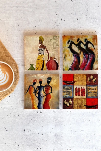 Afrikalı Kadın 4'lü Taş Bardak Altlığı ürün görseli 1