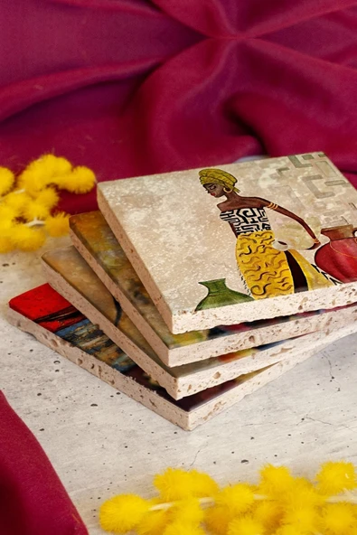 Afrikalı Kadın 4'lü Taş Bardak Altlığı - Resim 3