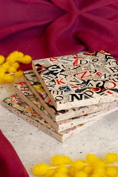 Alfabe 4'lü Taş Bardak Altlığı - Resim 3