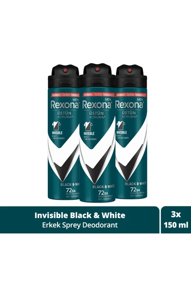 Rexona Men Erkek Sprey Deodorant Invisible Black & White 72 Saat Kesintisiz Üstün Koruma 150 ml X3 ürün görseli 1