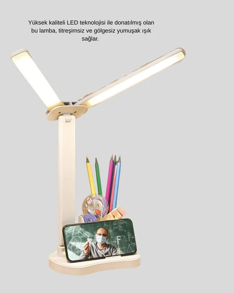 Kısılabilir LED Masa Lambası – Kalemlik ve Telefon Standlı, Göz Yormayan Işık - Resim 4