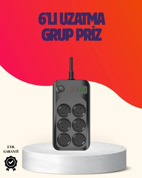 USB Type-C Destekli Termal Korumalı 6’lı Uzatma Priz 10A 2m ürün görseli 1