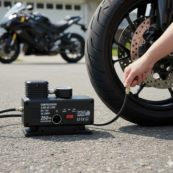 BUFFER® 250 PSI Güçlü Taşınabilir Hava Kompresörü–Araba, Motosiklet, Bisiklet ve Top Şişirme İçin Elektrikli Fişli Çakmaklıklı Lastik Şişirme Pompası - Resim 5