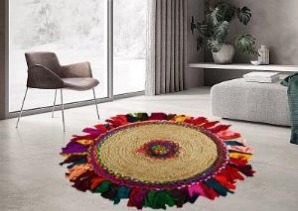 Giz Home Bolero Jüt Örgü Halı 120X120 Y10-232 Yuvarlak Püsküllü