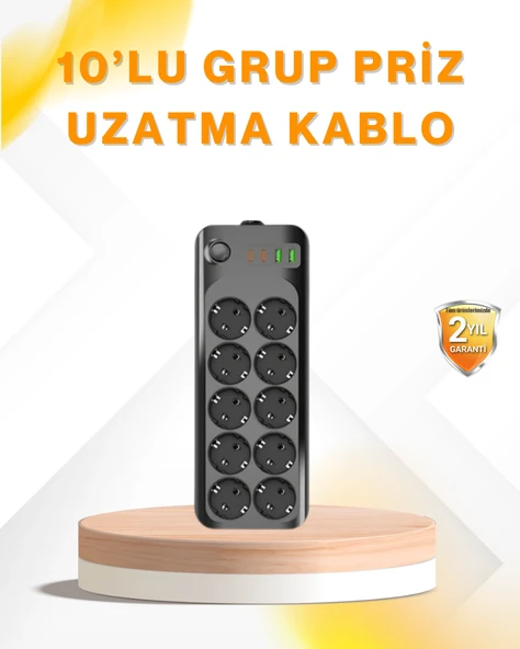 10’lu Çoklu Priz Termal Korumalı USB Type-C Çıkışlı 2500W Uzatma Kablosu ürün görseli 1