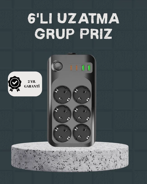 Termal Akım Korumalı 6’lı Uzatma Priz USB Type-C Hızlı Şarj 2500W ürün görseli 1