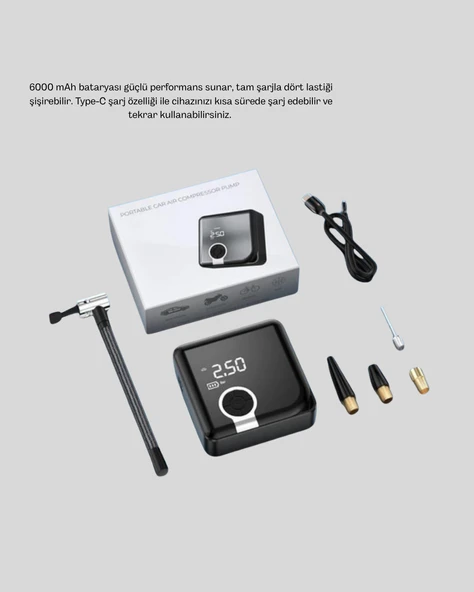 Dijital Ekranlı Şarjlı Hava Kompresörü 150 PSI Güçlü Motorlu - Resim 4