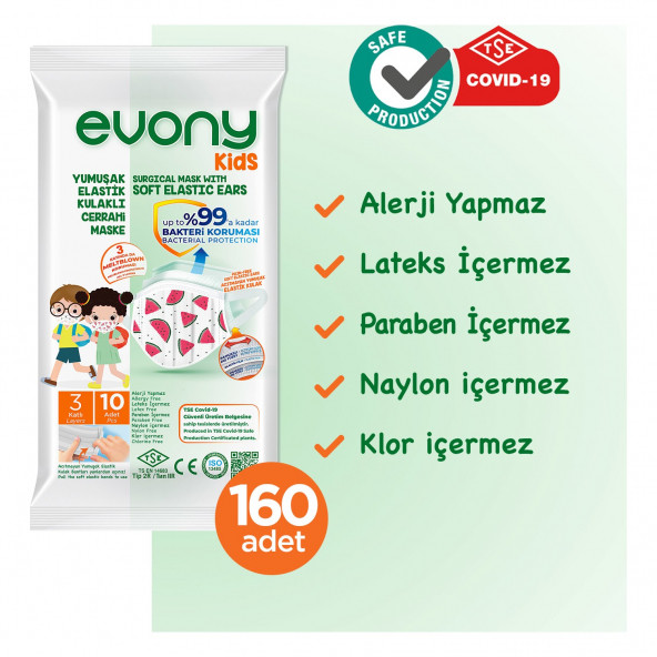 Evony Elastik Kulaklı Çocuk Kids Maske 160 Adet - 5