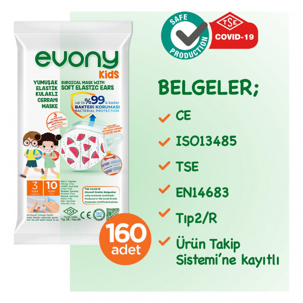 Evony Elastik Kulaklı Çocuk Kids Maske 160 Adet - 6