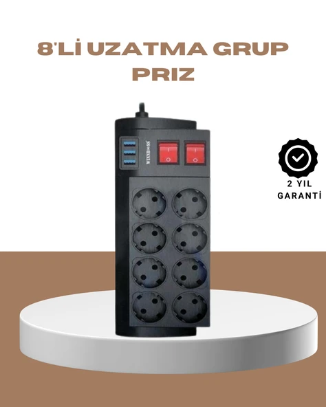 Güçlü Termal Korumalı 8 Priz + 3 USB Çoklu Uzatma Kablosu 2m ürün görseli 1