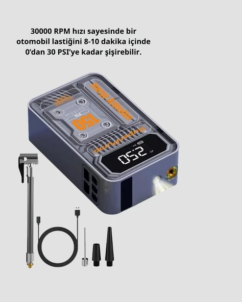 Şarjlı Kablosuz Hava Pompası – 150 PSI Basınç, LED Ekran ve 6000mAh Batarya - Resim 5
