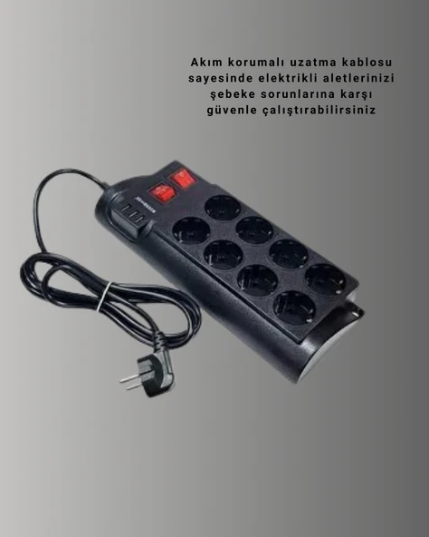 Akım Korumalı 8’li Priz 3 USB’li Uzatma Kablosu Isıya Dayanıklı 2 Metre - Resim 3