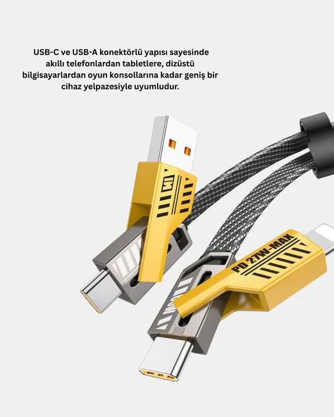 65W 4’ü 1 Arada Örgülü Hızlı Şarj Kablosu USB-C USB-A Çoklu Şarj Dayanıklı - Resim 5