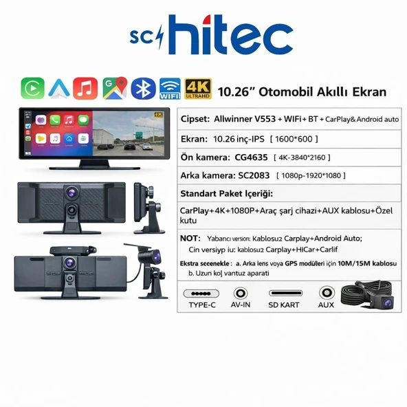 SChitec 4K Ultra Araç İçi Akıllı Ekran – Ön ve Arka Kameralı, Kablosuz CarPlay ve Android Auto Destekli (10.26”) YK3507 - Resim 7