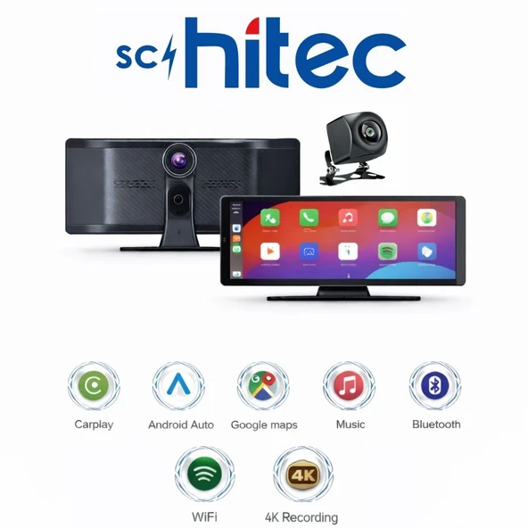 SChitec 4K Ultra Araç İçi Akıllı Ekran – Ön ve Arka Kameralı, Kablosuz CarPlay ve Android Auto Destekli (10.26”) YK3507 - Resim 2