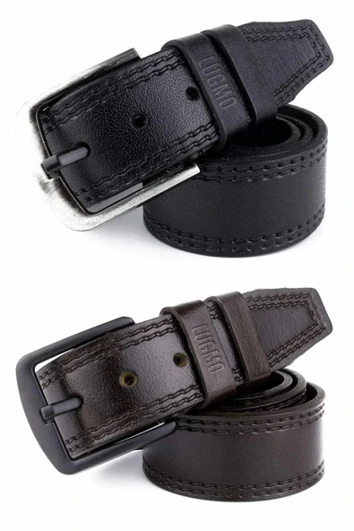 2 Adet Hakiki Deri Erkek Kemer 4,5 cm Dikiş Desenli Siyah-Kahverengi ürün görseli 1