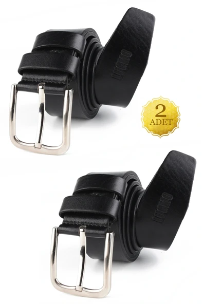 2 Adet Hakiki Deri Erkek Kemer Siyah 4,5 cm Kot Uyumlu ürün görseli 1