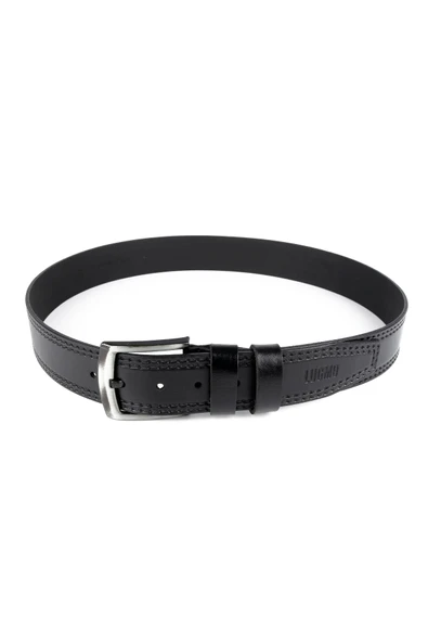 Hakiki Deri Erkek Kemer 4,5 cm Dikiş Desenli Siyah - Resim 3