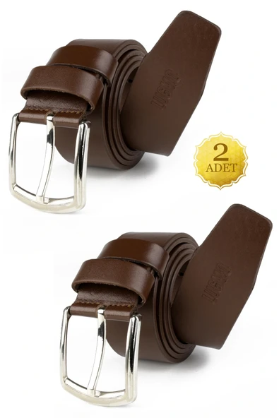 2 Adet Hakiki Deri Erkek Kemer Kahverengi 4,5 cm Kot Uyumlu ürün görseli 1