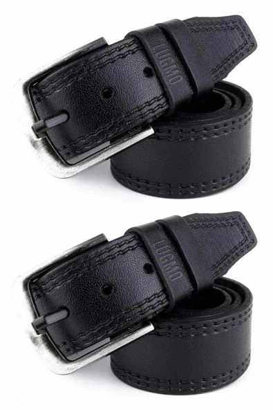 2 Adet Hakiki Deri Erkek Kemer 4,5 cm Dikiş Desenli Siyah ürün görseli 1