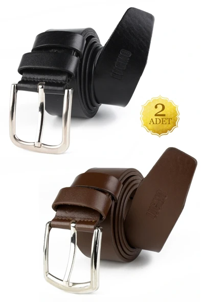 2 Adet Hakiki Deri Kemer Erkek Siyah-Kahverengi 4,5 cm Kot  Uyumlu ürün görseli 1
