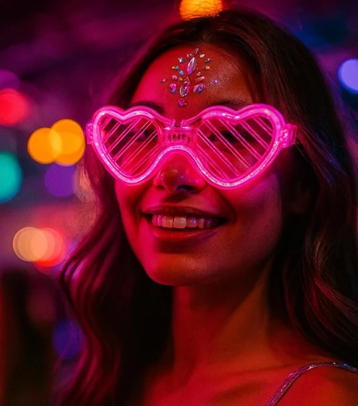 Pembe LED Işıklı Kalp Gözlük – 3 Modlu Parti & Glow Gözlüğü - Resim 2