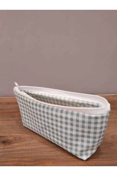 Elbasan Tekstil Su Yeşili Minikkareli  Yıkanabilir Fermuarlı Tek Göz Bez Kalemlik Makyaj Çantası ürün görseli 1