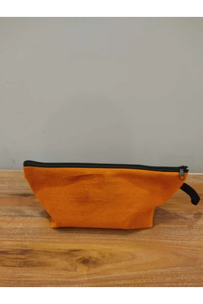 Elbasan Tekstil Turuncu Kadife Yıkanabilir Fermuarlı Tek Göz Bez Kalemlik Makyaj Çantası ürün görseli 1
