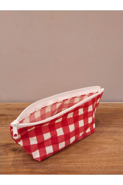 Elbasan Tekstil Kırmızı Pötikareli Yıkanabilir Fermuarlı Tek Göz Bez Kalemlik Makyaj Çantası - Resim 2