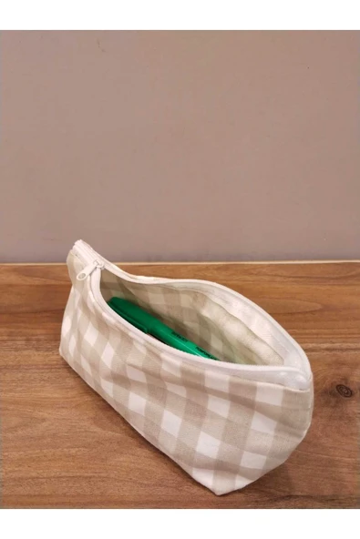 Elbasan Tekstil Kahve Pötikareli Yıkanabilir Fermuarlı Tek Göz Bez Kalemlik Makyaj Çantası - Resim 2