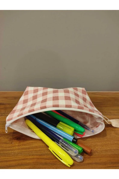 Elbasan Tekstil Pembe Pötikareli Yıkanabilir Fermuarlı Tek Göz Bez Kalemlik Makyaj Çantası - Resim 2