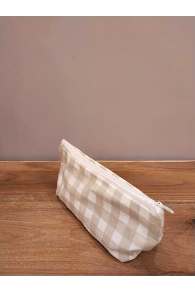 Elbasan Tekstil Kahve Pötikareli Yıkanabilir Fermuarlı Tek Göz Bez Kalemlik Makyaj Çantası ürün görseli 1