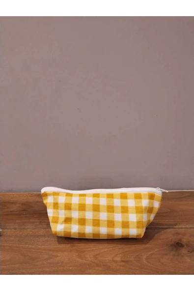 Elbasan Tekstil Sarı Pötikareli Yıkanabilir Fermuarlı Tek Göz Bez Kalemlik Makyaj Çantası - Resim 3