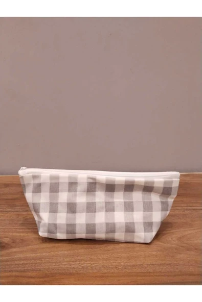 Elbasan Tekstil Gri Pötikareli Yıkanabilir Fermuarlı Tek Göz Bez Kalemlik Makyaj Çantası ürün görseli 1