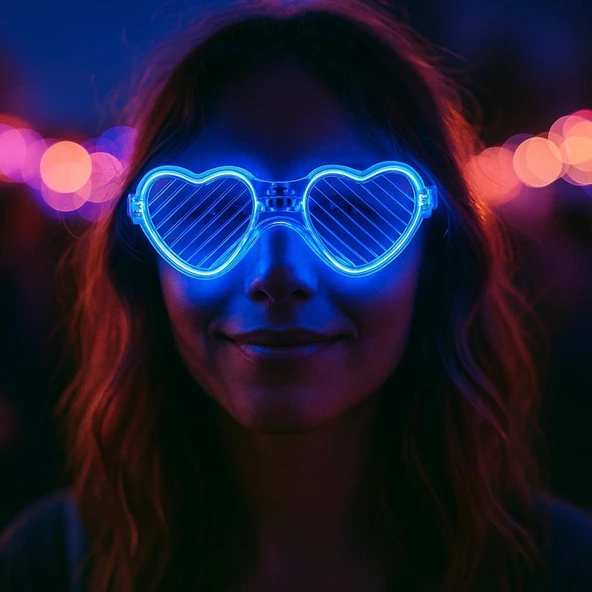 Mavi LED Işıklı Kalp Gözlük – 3 Modlu Parti & Glow Gözlüğü - Resim 2