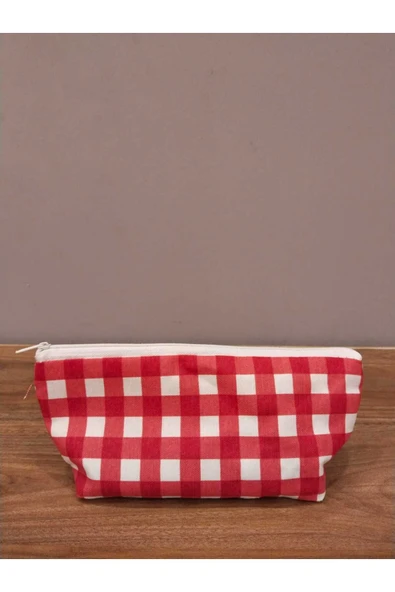Elbasan Tekstil Kırmızı Pötikareli Yıkanabilir Fermuarlı Tek Göz Bez Kalemlik Makyaj Çantası ürün görseli 1