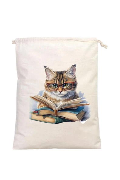 Elbasan Tekstil Kitap Okuyan Kedi Temalı Kitap Kesesi 20 x 30 cm ürün görseli 1