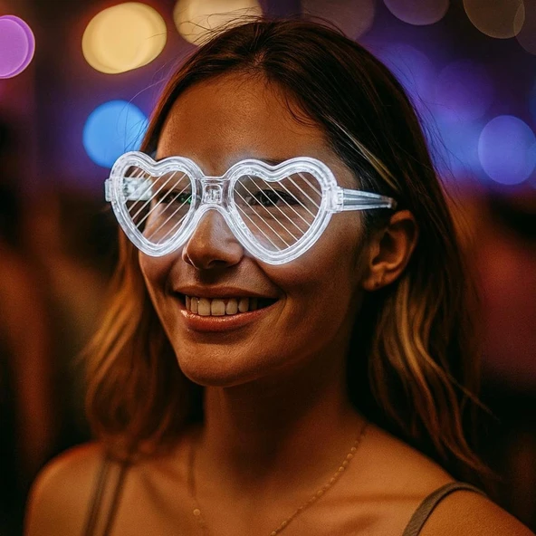 Beyaz LED Işıklı Kalp Gözlük – 3 Modlu Parti & Glow Gözlüğü - Resim 2