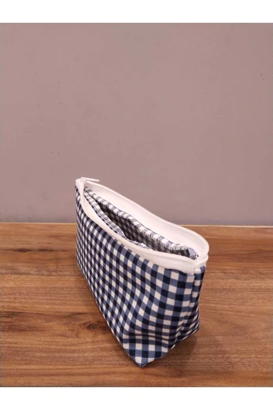 Elbasan Tekstil Mavi Minikkareli Yıkanabilir Fermuarlı Tek Göz Bez Kalemlik - Resim 2