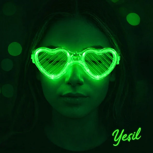Yeşil LED Işıklı Kalp Gözlük – 3 Modlu Parti & Glow Gözlüğü ürün görseli 1