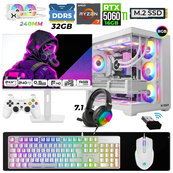 Xaser Moon X60 Ryzen 7 7800X3D 32GB DDR5 Ram 1TB M.2 NVMe SSD 16GB RTX5060Ti Sıvı Soğutmalı 24,5" 240Hz Oyuncu Tavsiye Sistem ürün görseli 1