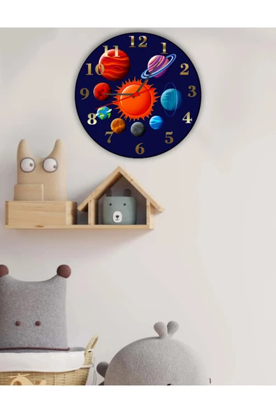 Elbasan Tekstil Gezegenler Temalı Ahşap Çocuk Odası Duvar Saati 29 x 29 cm ürün görseli 1