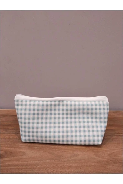 Elbasan Tekstil Su Yeşili Minikkareli  Yıkanabilir Fermuarlı Tek Göz Bez Kalemlik Makyaj Çantası - Resim 2