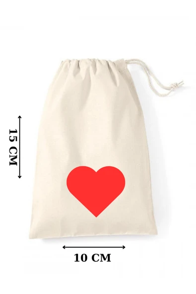 Elbasan Tekstil 10 Adet Kırmızı Kalp Baskılı Büzgülü Ham Bez Kese 10 x 15 cm ürün görseli 1